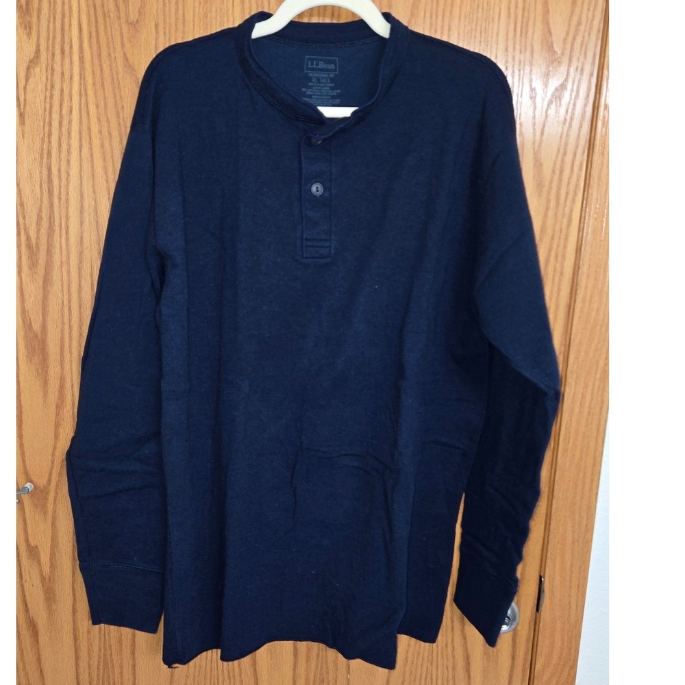 LL Bean Mens XL Tall Henley Navy Blue Wool Blend Long Sleeve Traditional Fit